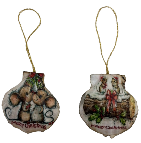 SCALLOP SEASHELL CHRISTMAS ORNAMENT- MICE Christmas Ornaments SET 4 - HOLIDAY DECOR - Handmade Hand Painted DECOUPAGED Repurposed Upcycled Gift SET OF 2 Ornaments - JAMsCraftCloset