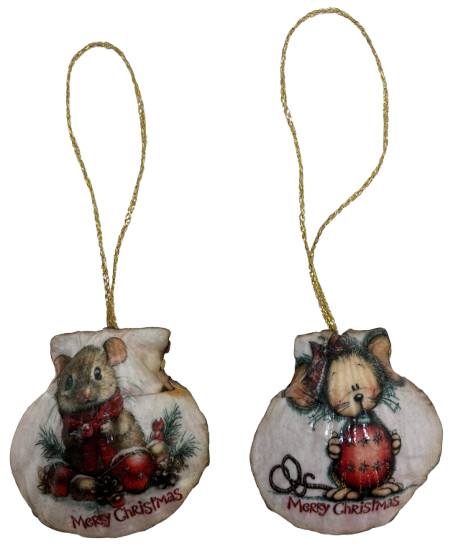 SCALLOP SEASHELL CHRISTMAS ORNAMENT- MICE Christmas Ornaments SET 3 - HOLIDAY DECOR - Handmade Hand Painted DECOUPAGED Repurposed Upcycled Gift SET OF 2 Ornaments - JAMsCraftCloset