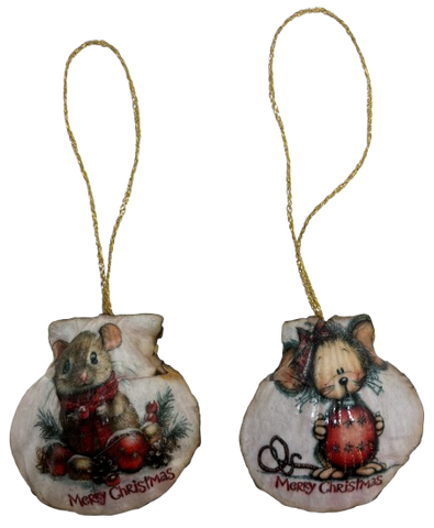 SCALLOP SEASHELL CHRISTMAS ORNAMENT- MICE Christmas Ornaments SET 3 - HOLIDAY DECOR - Handmade Hand Painted DECOUPAGED Repurposed Upcycled Gift SET OF 2 Ornaments - JAMsCraftCloset