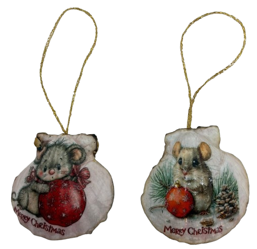 SCALLOP SEASHELL CHRISTMAS ORNAMENT- MICE Christmas Ornaments SET 2 - HOLIDAY DECOR - Handmade Hand Painted DECOUPAGED Repurposed Upcycled Gift SET OF 2 Ornaments - JAMsCraftCloset