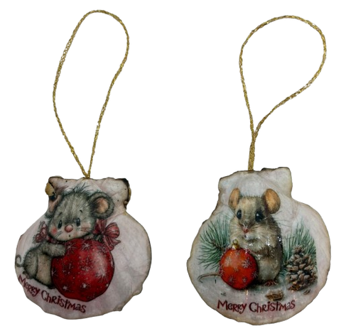 SCALLOP SEASHELL CHRISTMAS ORNAMENT- MICE Christmas Ornaments SET 2 - HOLIDAY DECOR - Handmade Hand Painted DECOUPAGED Repurposed Upcycled Gift SET OF 2 Ornaments - JAMsCraftCloset