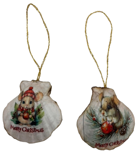 SCALLOP SEASHELL CHRISTMAS ORNAMENT- MICE Christmas Ornaments SET 1 - HOLIDAY DECOR - Handmade Hand Painted DECOUPAGED Repurposed Upcycled Gift SET OF 2 Ornaments - JAMsCraftCloset