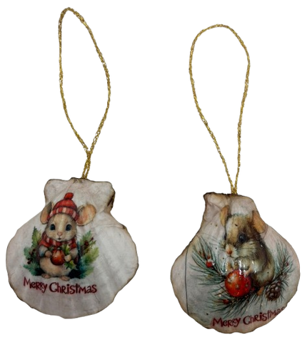 SCALLOP SEASHELL CHRISTMAS ORNAMENT- MICE Christmas Ornaments SET 1 - HOLIDAY DECOR - Handmade Hand Painted DECOUPAGED Repurposed Upcycled Gift SET OF 2 Ornaments - JAMsCraftCloset