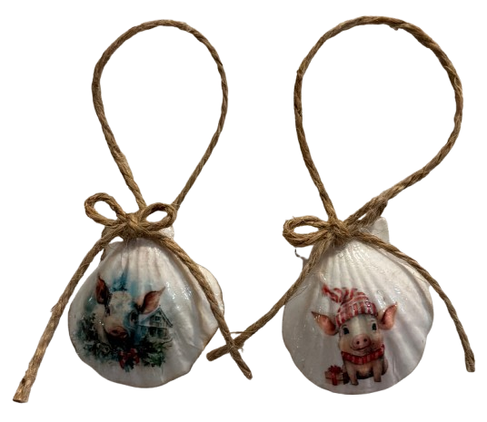 SCALLOP SEASHELL CHRISTMAS ORNAMENT- FARM ANIMALS Christmas Ornaments SET 1 - HOLIDAY DECOR - Handmade Hand Painted DECOUPAGED Repurposed Upcycled Gift SET OF 2 Ornaments - JAMsCraftCloset