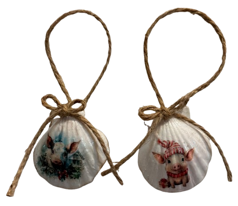 SCALLOP SEASHELL CHRISTMAS ORNAMENT- FARM ANIMALS Christmas Ornaments SET 1 - HOLIDAY DECOR - Handmade Hand Painted DECOUPAGED Repurposed Upcycled Gift SET OF 2 Ornaments - JAMsCraftCloset