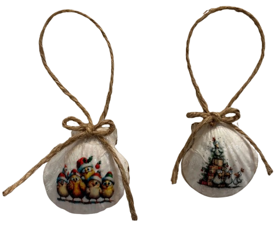 SCALLOP SEASHELL CHRISTMAS ORNAMENT- FARM ANIMALS Christmas Ornaments SET 2 - HOLIDAY DECOR - Handmade Hand Painted DECOUPAGED Repurposed Upcycled Gift SET OF 2 Ornaments - JAMsCraftCloset