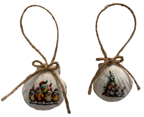 SCALLOP SEASHELL CHRISTMAS ORNAMENT- FARM ANIMALS Christmas Ornaments SET 2 - HOLIDAY DECOR - Handmade Hand Painted DECOUPAGED Repurposed Upcycled Gift SET OF 2 Ornaments - JAMsCraftCloset