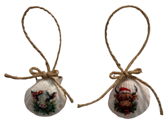 SCALLOP SEASHELL CHRISTMAS ORNAMENT- FARM ANIMALS Christmas Ornaments SET 6 - HOLIDAY DECOR - Handmade Hand Painted DECOUPAGED Repurposed Upcycled Gift SET OF 2 Ornaments - JAMsCraftCloset