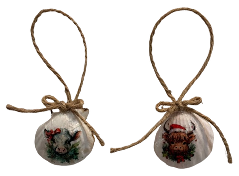 SCALLOP SEASHELL CHRISTMAS ORNAMENT- FARM ANIMALS Christmas Ornaments SET 6 - HOLIDAY DECOR - Handmade Hand Painted DECOUPAGED Repurposed Upcycled Gift SET OF 2 Ornaments - JAMsCraftCloset