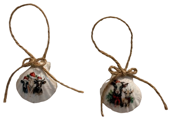 SCALLOP SEASHELL CHRISTMAS ORNAMENT- FARM ANIMALS Christmas Ornaments SET 3 - HOLIDAY DECOR - Handmade Hand Painted DECOUPAGED Repurposed Upcycled Gift SET OF 2 Ornaments - JAMsCraftCloset