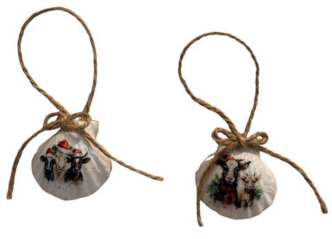 SCALLOP SEASHELL CHRISTMAS ORNAMENT- FARM ANIMALS Christmas Ornaments SET 3 - HOLIDAY DECOR - Handmade Hand Painted DECOUPAGED Repurposed Upcycled Gift SET OF 2 Ornaments - JAMsCraftCloset