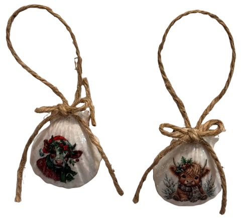 SCALLOP SEASHELL CHRISTMAS ORNAMENT- FARM ANIMALS Christmas Ornaments SET 4 - HOLIDAY DECOR - Handmade Hand Painted DECOUPAGED Repurposed Upcycled Gift SET OF 2 Ornaments - JAMsCraftCloset