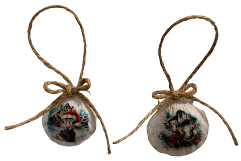 SCALLOP SEASHELL CHRISTMAS ORNAMENT- FARM ANIMALS Christmas Ornaments SET 5 - HOLIDAY DECOR - Handmade Hand Painted DECOUPAGED Repurposed Upcycled Gift SET OF 2 Ornaments - JAMsCraftCloset