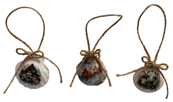 SCALLOP SEASHELL CHRISTMAS ORNAMENT- FARM ANIMALS Christmas Ornaments SET 7 - HOLIDAY DECOR - Handmade Hand Painted DECOUPAGED Repurposed Upcycled Gift SET OF 3 Ornaments - JAMsCraftCloset