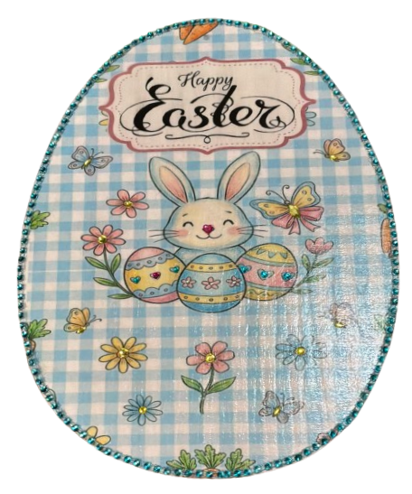 Wood Egg EASTER EGG Wall Art BUNNY WITH EGGS FLOWERS AND BLING Shelf-Sitter Gift Idea Unique Home Holiday Decor - JAMsCraftCloset