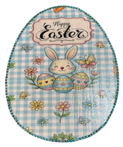 Wood Egg EASTER EGG Wall Art BUNNY WITH EGGS FLOWERS AND BLING Shelf-Sitter Gift Idea Unique Home Holiday Decor - JAMsCraftCloset