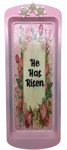 Rectangle Baking Tin Repurposed-Upcycled Pale Pink HE HAS RISEN EASTER Home Decor Wall Art Handmade Hand Painted Gift Idea - JAMsCraftCloset