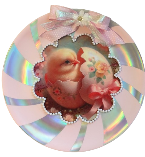 Plastic Round Pink and Silver TRAY Farmhouse Country Easter Decor CHICK IN EGG SHELL Wall Art HAPPY EASTER Cottage Chic Victorian Decor Handmade Gift Idea &nbsp;- JAMsCraftCloset