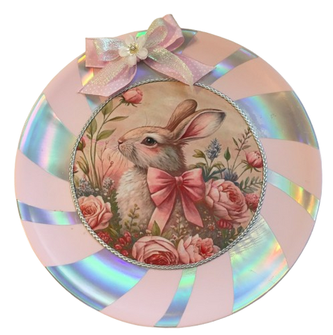 Plastic Round Pink and Silver TRAY Farmhouse Country Easter Decor BUNNY WITH BOW Wall Art HAPPY EASTER Cottage Chic Victorian Decor Handmade Gift Idea &nbsp;- JAMsCraftCloset