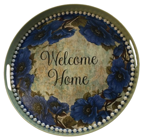 TRAY GREEN METAL ROUND Decoupaged Hand Painted Upcycled Repurposed Wall Art WELCOME HOME Home Decor LOVE Wall Art Gift - JAMsCraftCloset