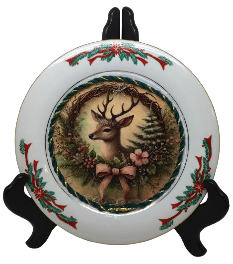 Glass PLATE Round CHRISTMAS DEER 1 Country Farmhouse Kitchen Shelf Sitter Handmade Decoupaged Repurposed Upcycled Birthday Gift Idea - JAMsCraftCloset