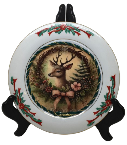 Glass PLATE Round CHRISTMAS DEER 1 Country Farmhouse Kitchen Shelf Sitter Handmade Decoupaged Repurposed Upcycled Birthday Gift Idea - JAMsCraftCloset
