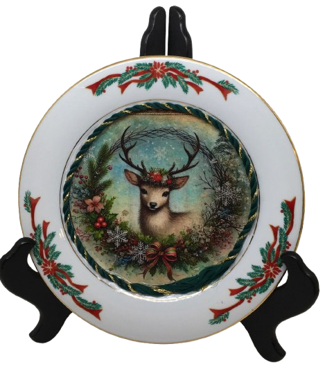 Glass PLATE Round CHRISTMAS DEER 2 Country Farmhouse Kitchen Shelf Sitter Handmade Decoupaged Repurposed Upcycled Birthday Gift Idea - JAMsCraftCloset