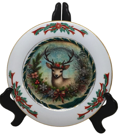 Glass PLATE Round CHRISTMAS DEER 2 Country Farmhouse Kitchen Shelf Sitter Handmade Decoupaged Repurposed Upcycled Birthday Gift Idea - JAMsCraftCloset