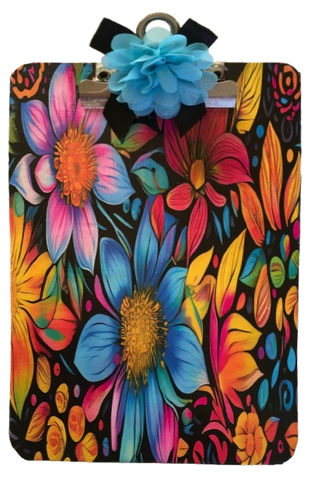 Clipboard Vintage Upcycled Handcrafted BOLD AND VIBRANT Black Blue Yellow Pink Floral Print Design Gift Idea Unique for Teacher, Secretary, or Student - JAMsCraftCloset
