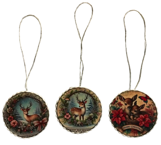 ROUND Wood Decoupaged DEER - SET 2 Ornaments Handmade Christmas Ornament Package Decor WINTER Decor Gift Idea Home Decor Unique SET OF 3 - JAMsCraftCloset