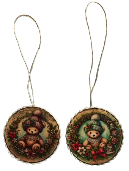 ROUND Wood Decoupaged BEARS PINK AND BLUE HAT Ornaments Handmade Christmas Ornament Package Decor WINTER Decor Gift Idea Home Decor Unique SET OF 2 - JAMsCraftCloset
