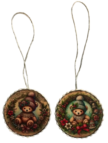ROUND Wood Decoupaged BEARS PINK AND BLUE HAT Ornaments Handmade Christmas Ornament Package Decor WINTER Decor Gift Idea Home Decor Unique SET OF 2 - JAMsCraftCloset