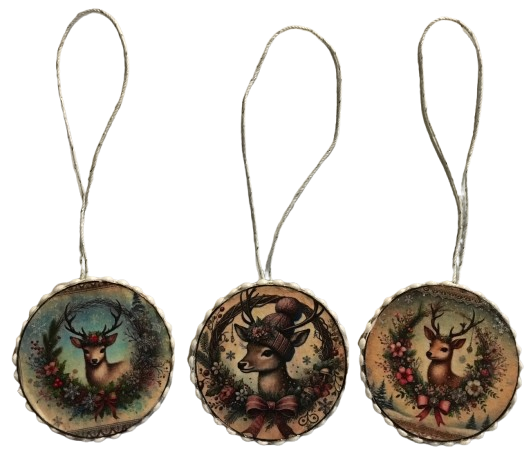 ROUND Wood Decoupaged DEER - SET 1 Ornaments Handmade Christmas Ornament Package Decor WINTER Decor Gift Idea Home Decor Unique SET OF 3 - JAMsCraftCloset