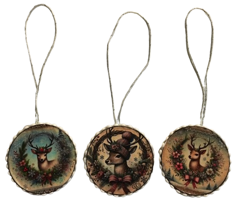 ROUND Wood Decoupaged DEER - SET 1 Ornaments Handmade Christmas Ornament Package Decor WINTER Decor Gift Idea Home Decor Unique SET OF 3 - JAMsCraftCloset