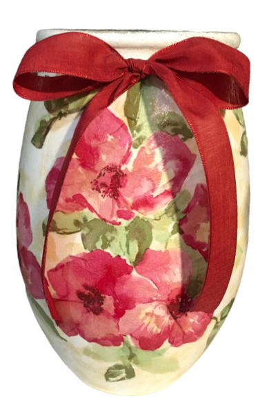 Glass WHITE Vase Decoupaged PINK-RED FLORAL With RED BOW Wedding Decor Shelf Sitter Floral Vase Flower Vase Gift Idea Table Decor Centerpiece Home Decor Cottage Chic Farmhouse Decor Victorian Decor - JAMsCraftCloset
