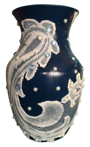 Glass VASE NAUTICAL BLUE Decoupaged LACE and BLING Wedding Decor Shelf Sitter Lace Vase Shabby Chic Victorian BoHo Decor Gift Idea - JAMsCraftCloset