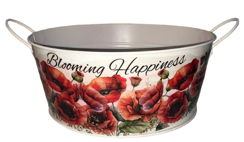 Galvanized Metal Round Bucket-Pail Farmhouse Country Wall Art or Shelf Sitter BLOOMING HAPPINESS- POPPIES Handmade Gift Idea &nbsp;- JAMsCraftCloset