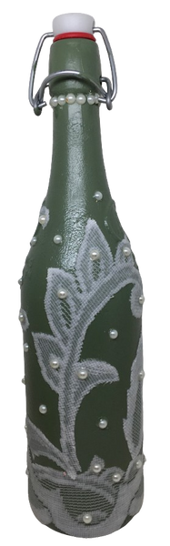 GLASS BOTTLE Green With Wire Cork Decoupaged GREEN WITH LACE AND PEARLS Shelf Sitter Home Decor Country Farmhouse Decor Wedding Decor Gift Idea - JAMsCraftCloset