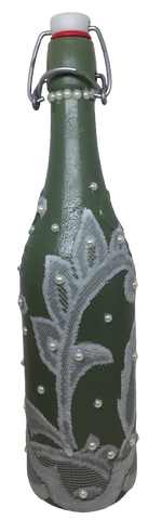 GLASS BOTTLE Green With Wire Cork Decoupaged GREEN WITH LACE AND PEARLS Shelf Sitter Home Decor Country Farmhouse Decor Wedding Decor Gift Idea - JAMsCraftCloset