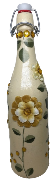 GLASS BOTTLE Tan With Wire Cork Decoupaged YELLOW 3-D Flowers Shelf Sitter Home Decor Country Farmhouse Decor Wedding Decor Gift Idea - JAMsCraftCloset