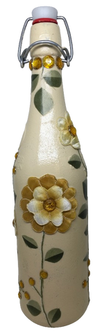GLASS BOTTLE Tan With Wire Cork Decoupaged YELLOW 3-D Flowers Shelf Sitter Home Decor Country Farmhouse Decor Wedding Decor Gift Idea - JAMsCraftCloset