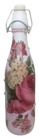 GLASS BOTTLE WHITE With Wire Cork Decoupaged PINK AND RED ROSES AND PINK PEARLS Shelf Sitter Home Decor Country Farmhouse Decor Wedding Decor Gift Idea - JAMsCraftCloset