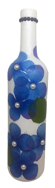 GLASS BOTTLE WHITE With Decoupaged BLUE SILK FLOWERS and PEARLS Shelf Sitter Home Decor Country Farmhouse Decor Wedding Decor Gift Idea - JAMsCraftCloset