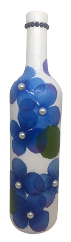 GLASS BOTTLE WHITE With Decoupaged BLUE SILK FLOWERS and PEARLS Shelf Sitter Home Decor Country Farmhouse Decor Wedding Decor Gift Idea - JAMsCraftCloset