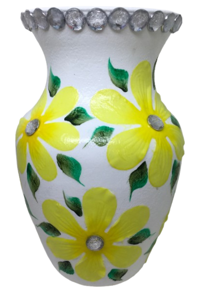 Glass WHITE Vase Decoupaged YELLOW SILK FLOWERS HAND PAINTED LEAVES and BLING Wedding Decor Shelf Sitter Floral Vase Flower Vase Gift Idea Table Decor Centerpiece Home Decor Cottage Chic Farmhouse Decor Victorian Decor - JAMsCraftCloset