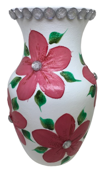 Glass WHITE Vase Decoupaged RED SILK FLOWERS HAND PAINTED LEAVES and BLING Wedding Decor Shelf Sitter Floral Vase Flower Vase Gift Idea Table Decor Centerpiece Home Decor Cottage Chic Farmhouse Decor Victorian Decor - JAMsCraftCloset