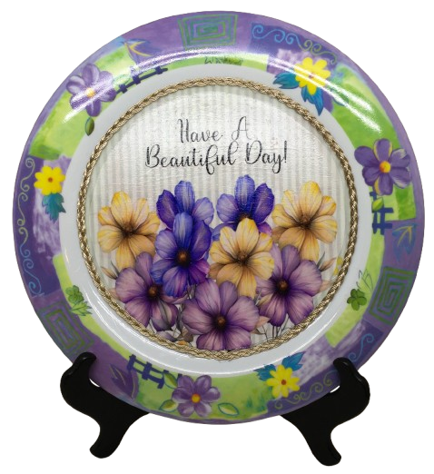 PLATE FLORAL PLASTIC ROUND DECOUPAGED Upcycled Repurposed Wall Art or Shelf Sitter HAVE A BEAUTIFUL DAY Green Background Home Decor Wall Art Gift WEDDING - JAMsCraftCloset
