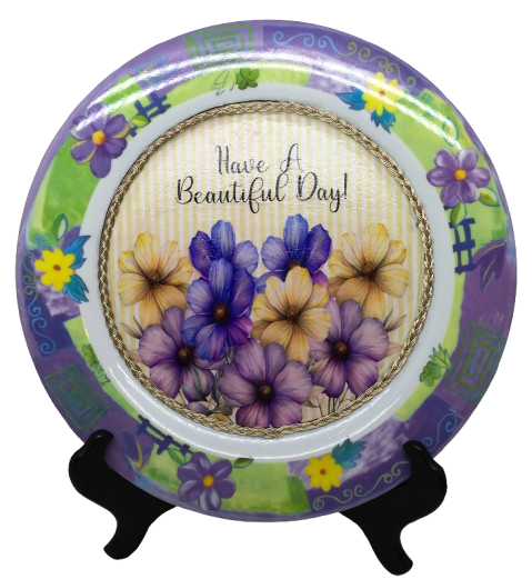 PLATE FLORAL PLASTIC ROUND DECOUPAGED Upcycled Repurposed Wall Art or Shelf Sitter HAVE A BEAUTIFUL DAY YELLOW Background Home Decor Wall Art Gift WEDDING - JAMsCraftCloset