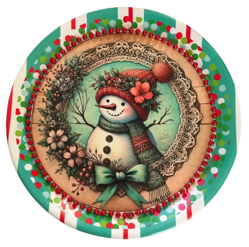 TRAY RED AQUA TEAL PLASTIC ROUND Decoupaged Hand Painted Upcycled Repurposed Wall Art SNOWMAN Home Decor Christmas Wall Art Shelf Sitter Gift - JAMsCraftCloset