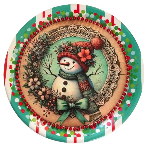 TRAY RED AQUA TEAL PLASTIC ROUND Decoupaged Hand Painted Upcycled Repurposed Wall Art SNOWMAN Home Decor Christmas Wall Art Shelf Sitter Gift - JAMsCraftCloset